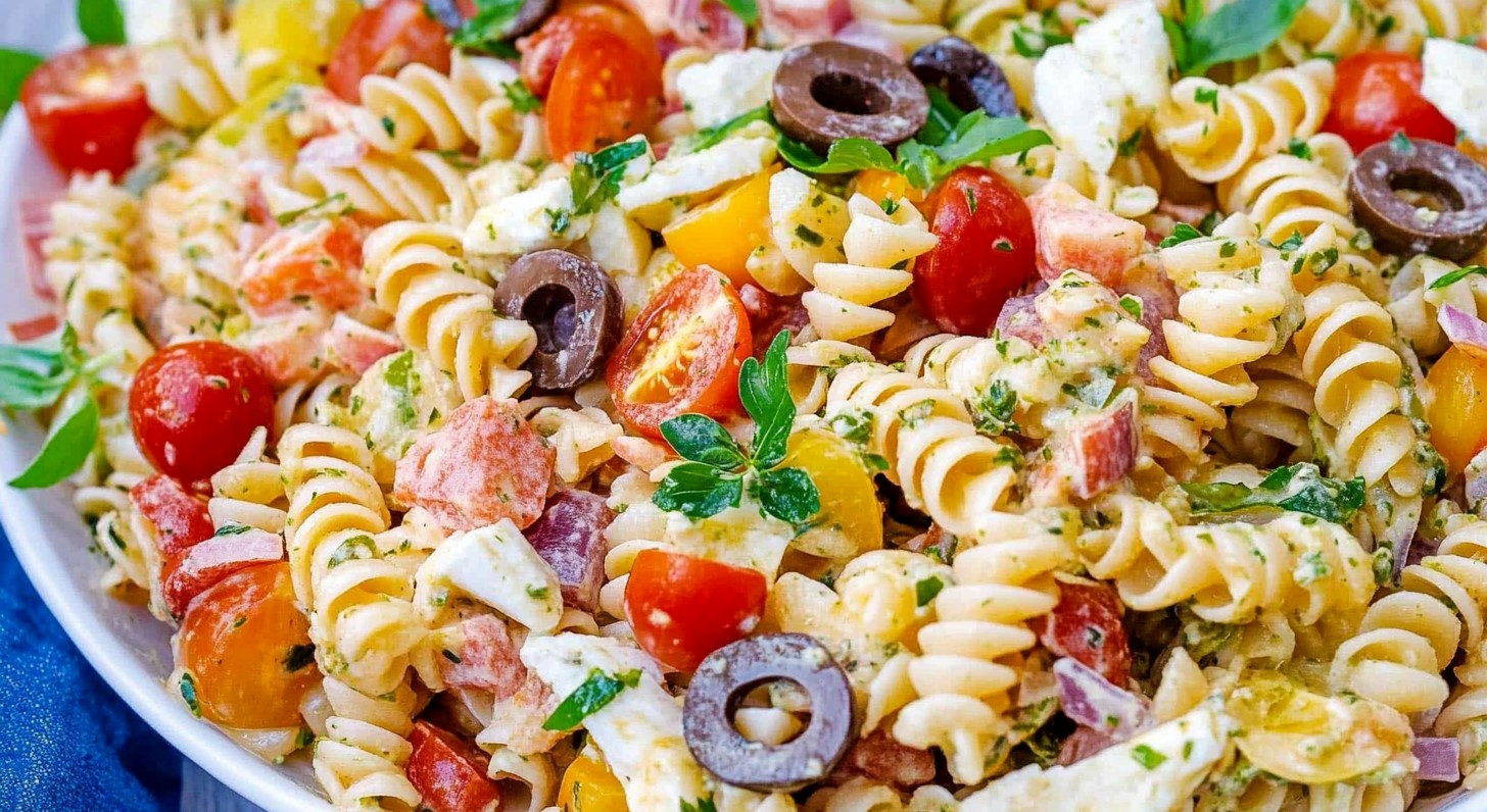 A variety of meal pairings with Pasta Salad With Italian Dressing, including grilled chicken, Caprese sandwiches, and garlic bread.