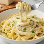 A bowl of creamy 3 Ingredient Alfredo Sauce over fettuccine pasta, topped with Parmesan and parsley.