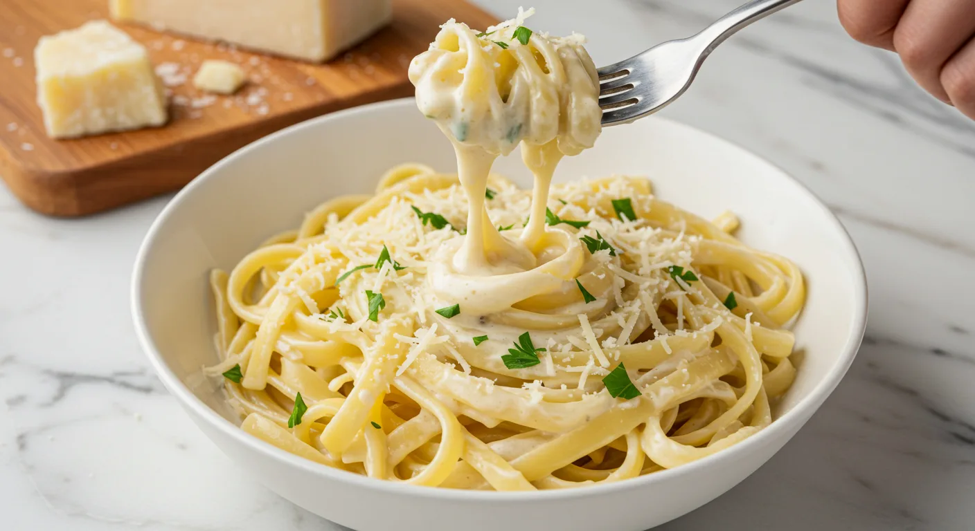 A bowl of creamy 3 Ingredient Alfredo Sauce over fettuccine pasta, topped with Parmesan and parsley.