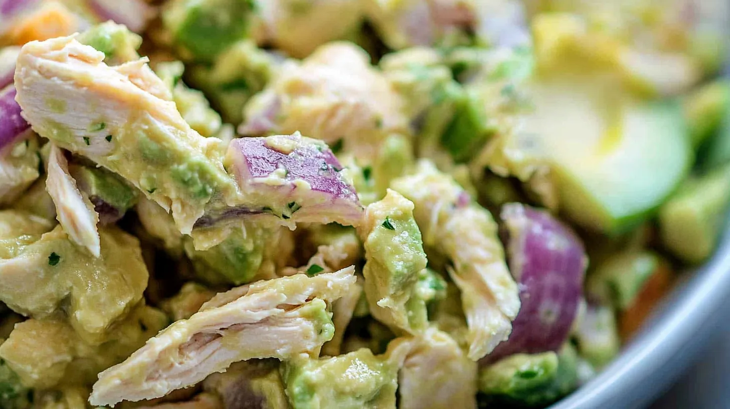 A fresh and creamy bowl of Avocado Chicken Salad with shredded chicken, red onions, cilantro, and lime, served in a white dish.