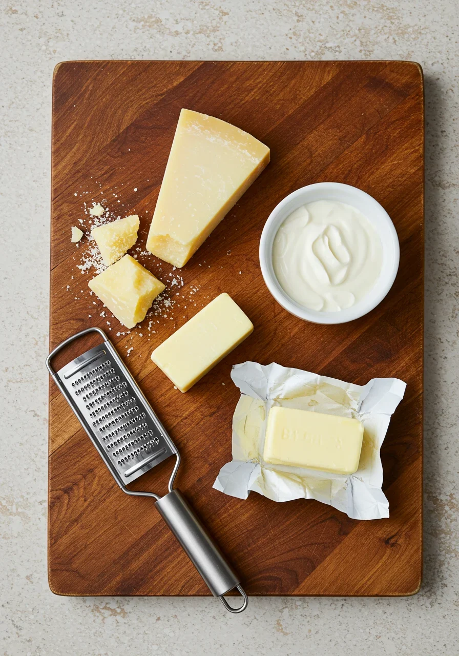 A top-down view of Parmesan cheese, heavy cream, and butter—key ingredients for making homemade Alfredo sauce.