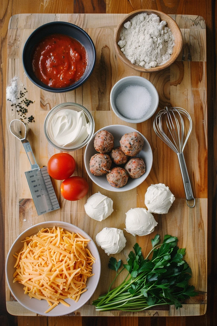 Fresh ingredients for Rotel Cream Cheese Sausage Balls, including sausage, cream cheese, cheddar, Bisquick, and Rotel tomatoes.