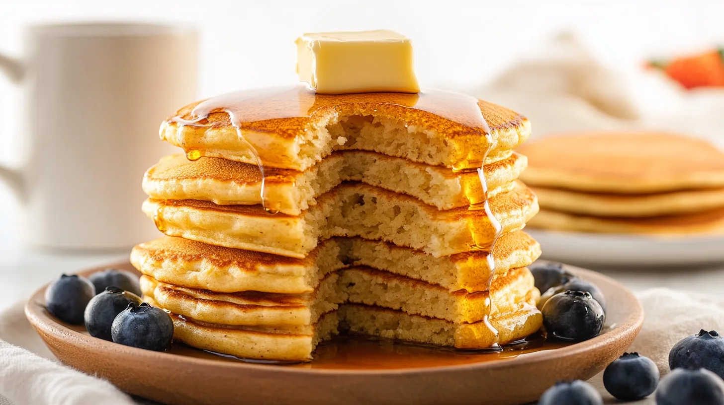 A stack of golden Kodiak Cakes pancake topped with butter, fresh blueberries, and maple syrup, served on a rustic wooden plate.