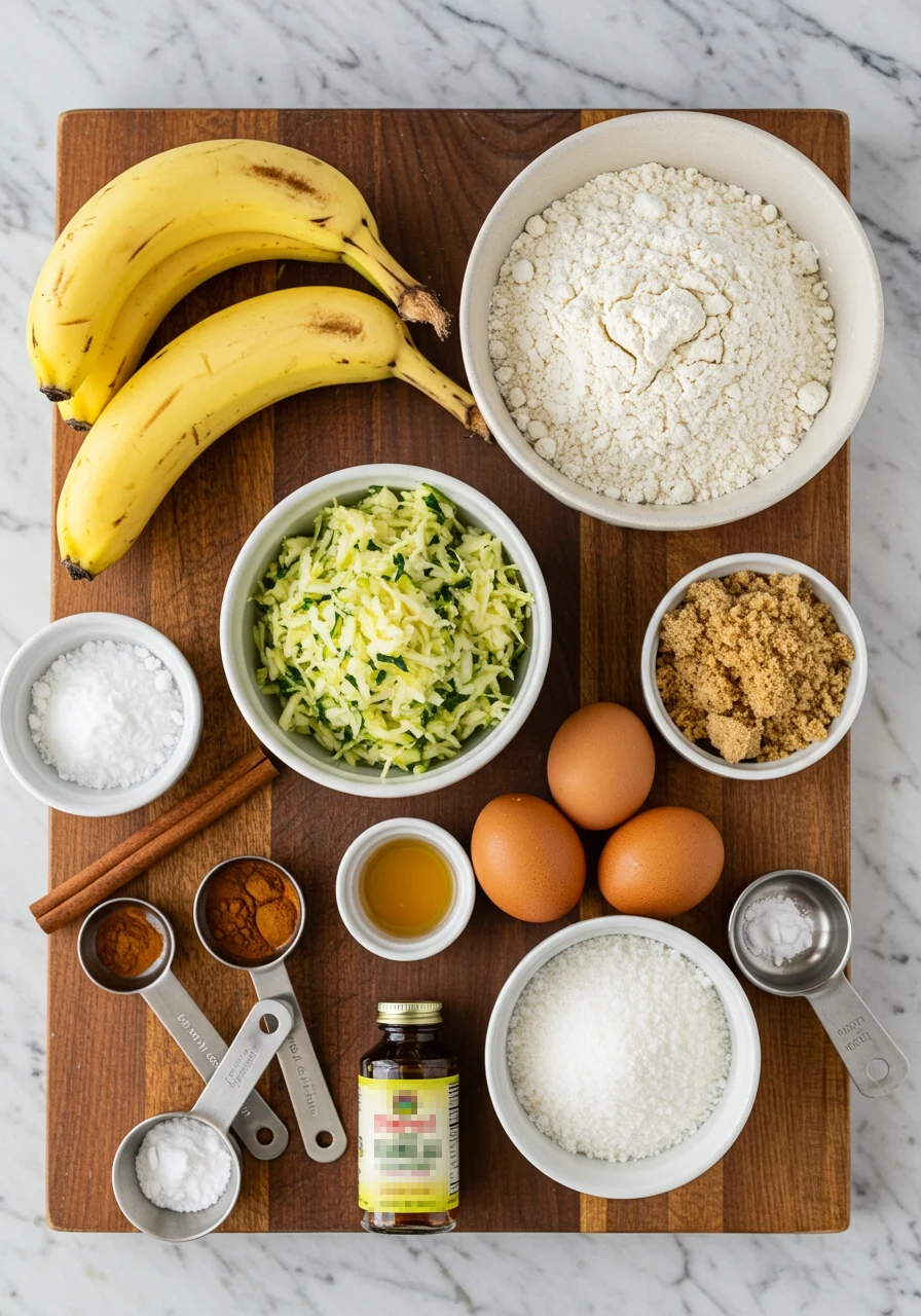 A top-down view of fresh ingredients for Zucchini Banana Bread in a Jar, including bananas, zucchini, flour, eggs, and cinnamon.