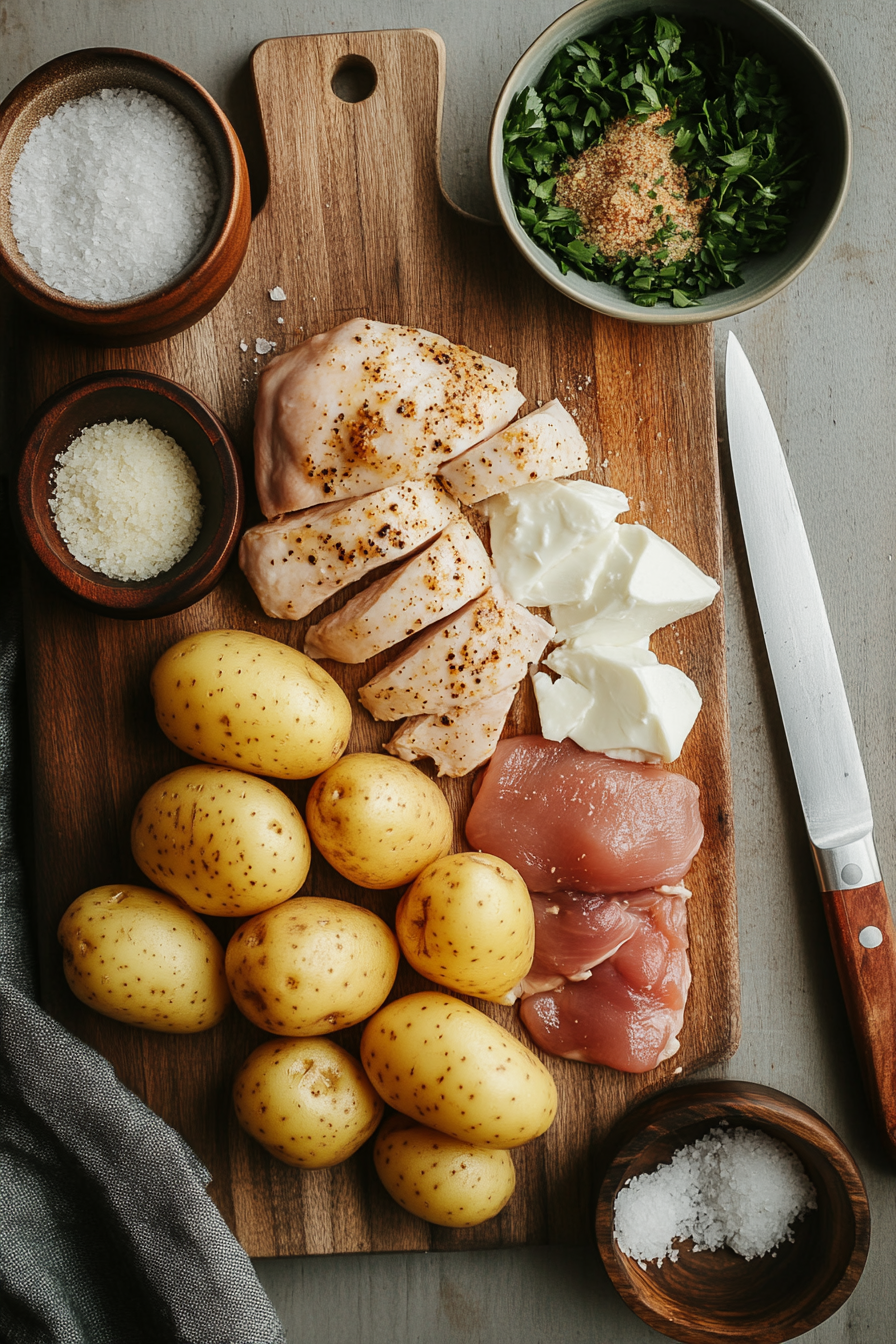 Fresh ingredients for Garlic Parmesan Chicken and Potatoes, including chicken, baby potatoes, Parmesan, garlic, butter, and seasonings.