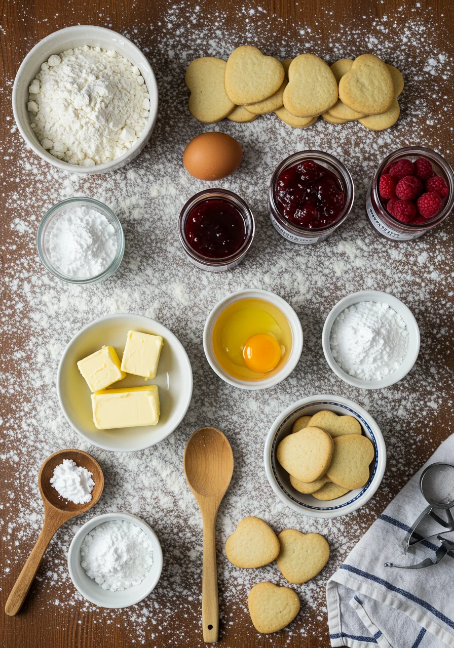 A flat lay of ingredients for Heart Jam Cookies, including flour, butter, sugar, eggs, and jars of jam, neatly arranged on a wooden surface.