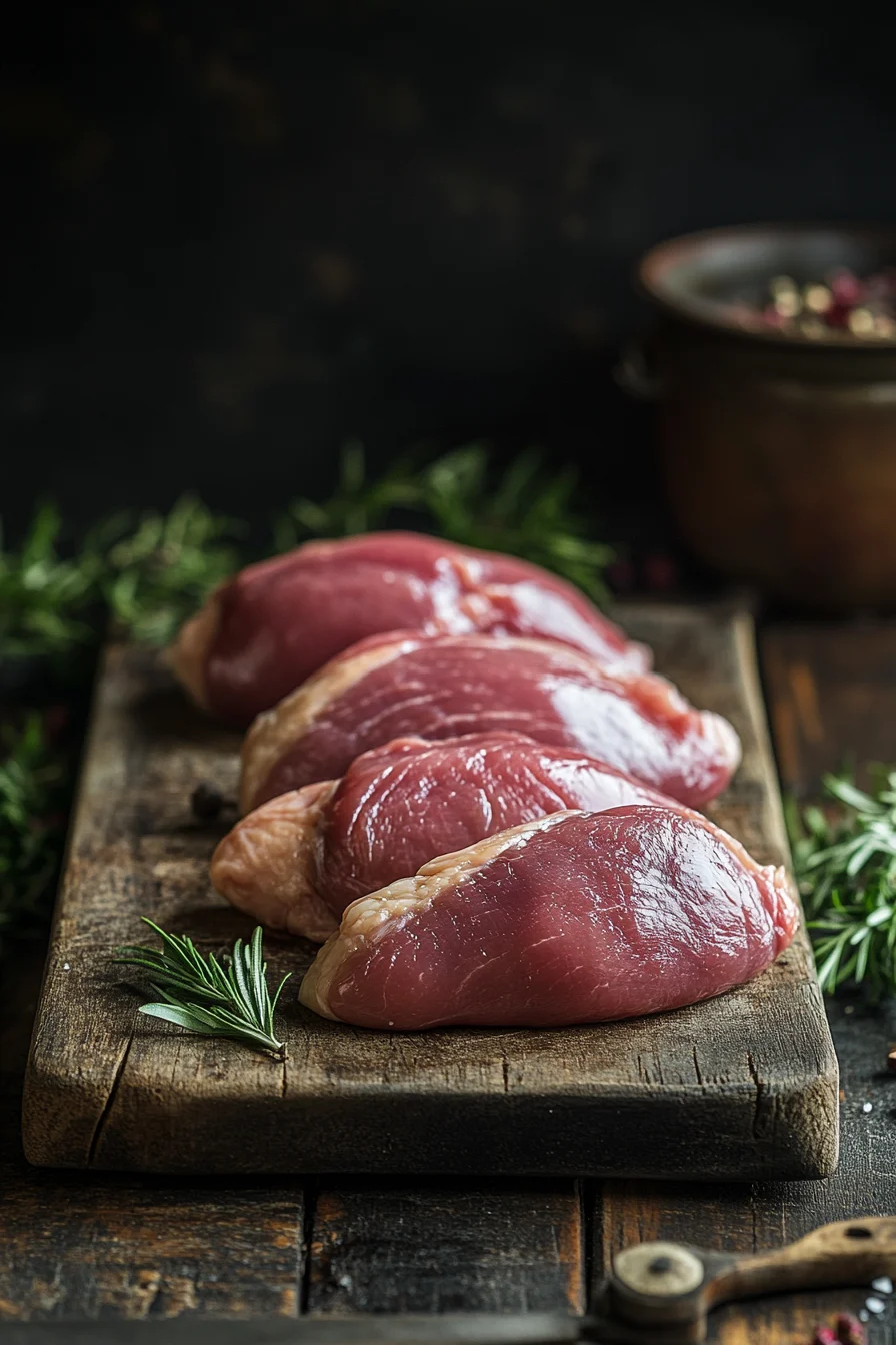 A top-down view of fresh grouse cheese recipe ingredients, including grouse breast, brie cheese, garlic, shallots, butter, and herbs, arranged on a wooden kitchen counter.