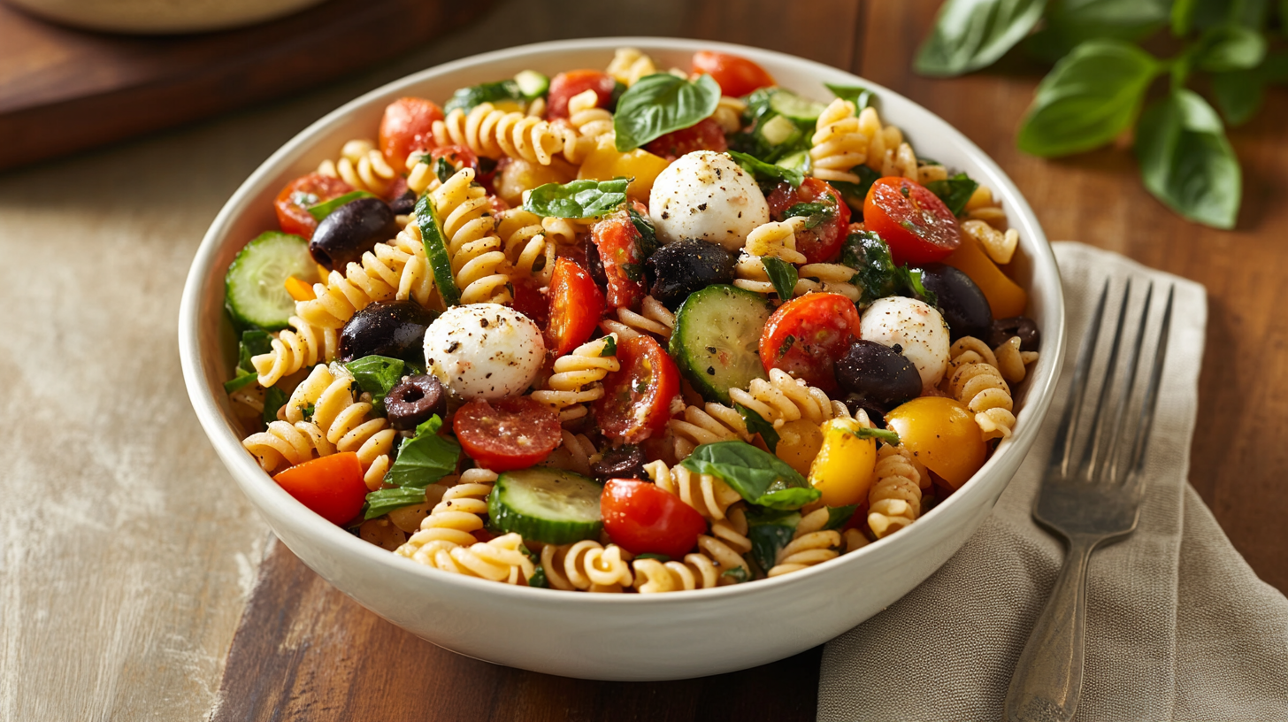 A bowl of Pasta Salad With Italian Dressing, featuring rotini pasta, cherry tomatoes, cucumbers, bell peppers, and mozzarella.