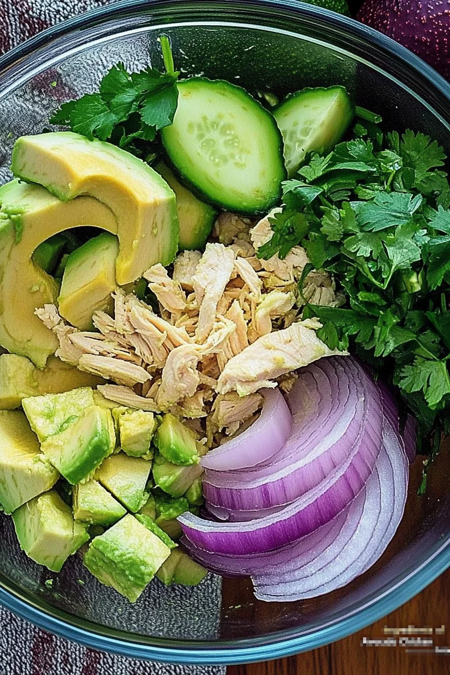 Fresh ingredients for Avocado Chicken Salad, including ripe avocados, shredded chicken, lime, red onion, cilantro, and garlic, displayed on a wooden cutting board.