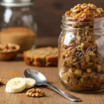 A freshly baked jar of Zucchini Banana Bread, topped with walnuts and honey, placed on a wooden countertop.