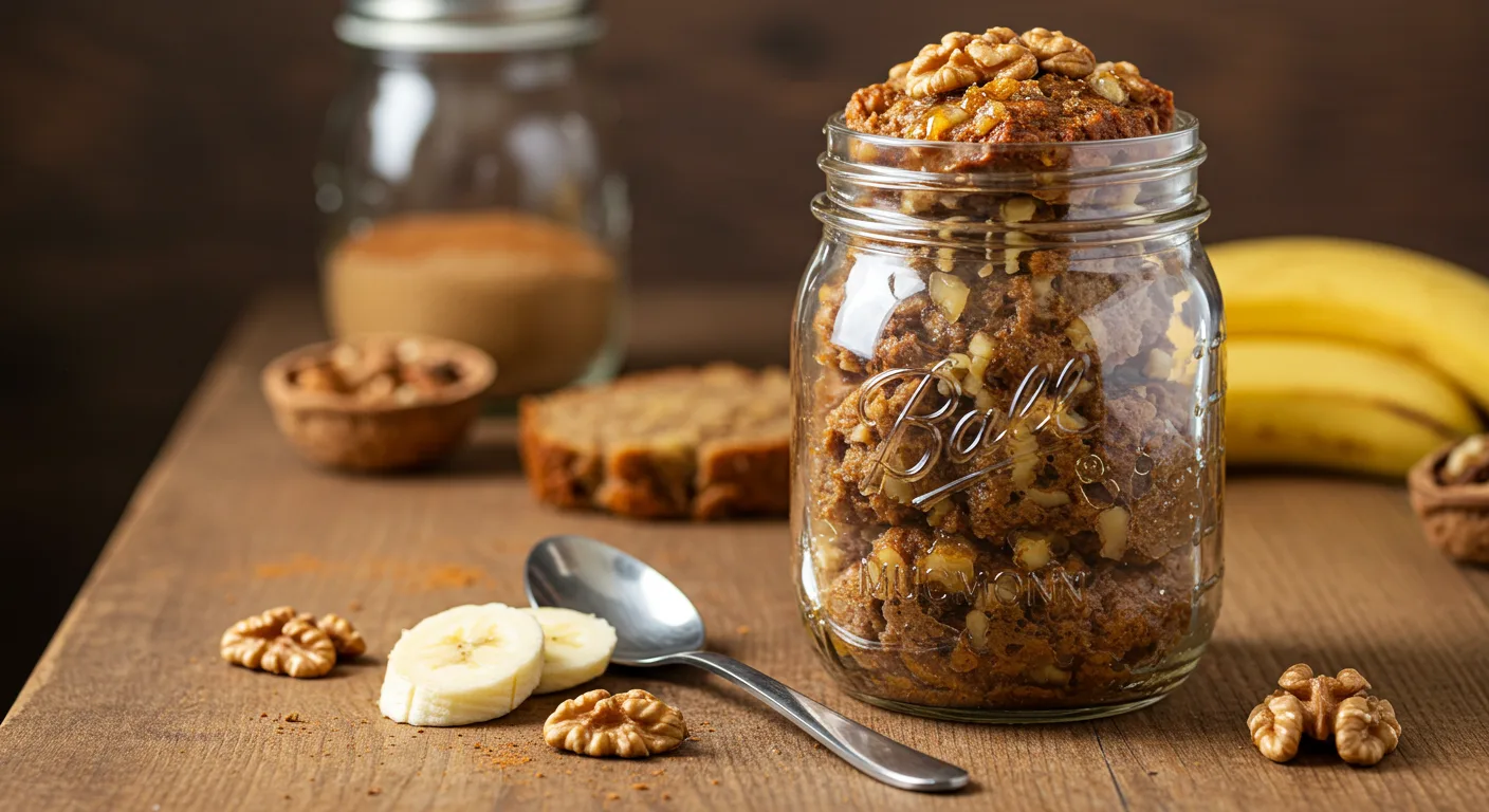 A freshly baked jar of Zucchini Banana Bread, topped with walnuts and honey, placed on a wooden countertop.