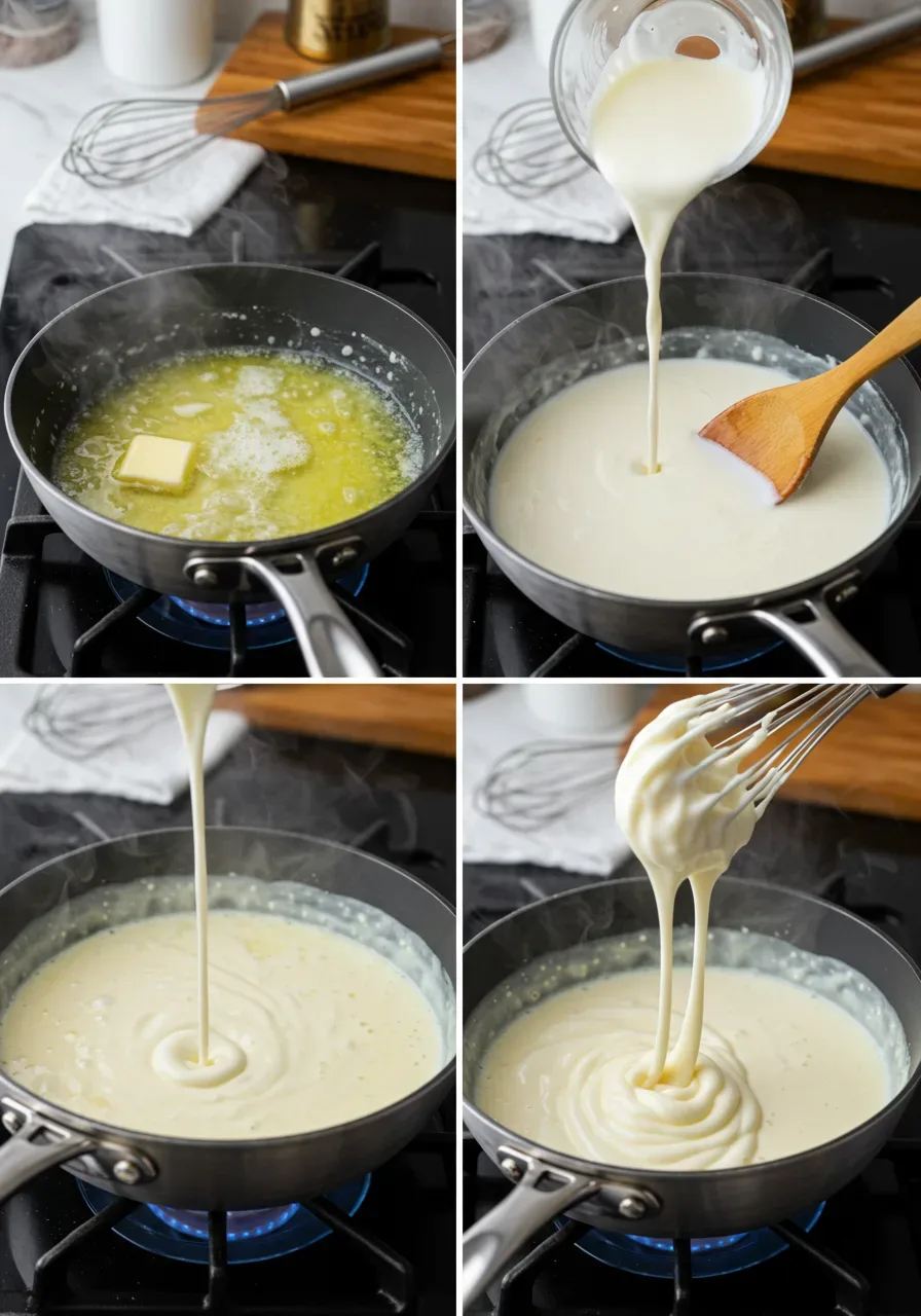 A step-by-step process showing butter melting, heavy cream being stirred, and Parmesan cheese being whisked into a homemade Alfredo sauce.