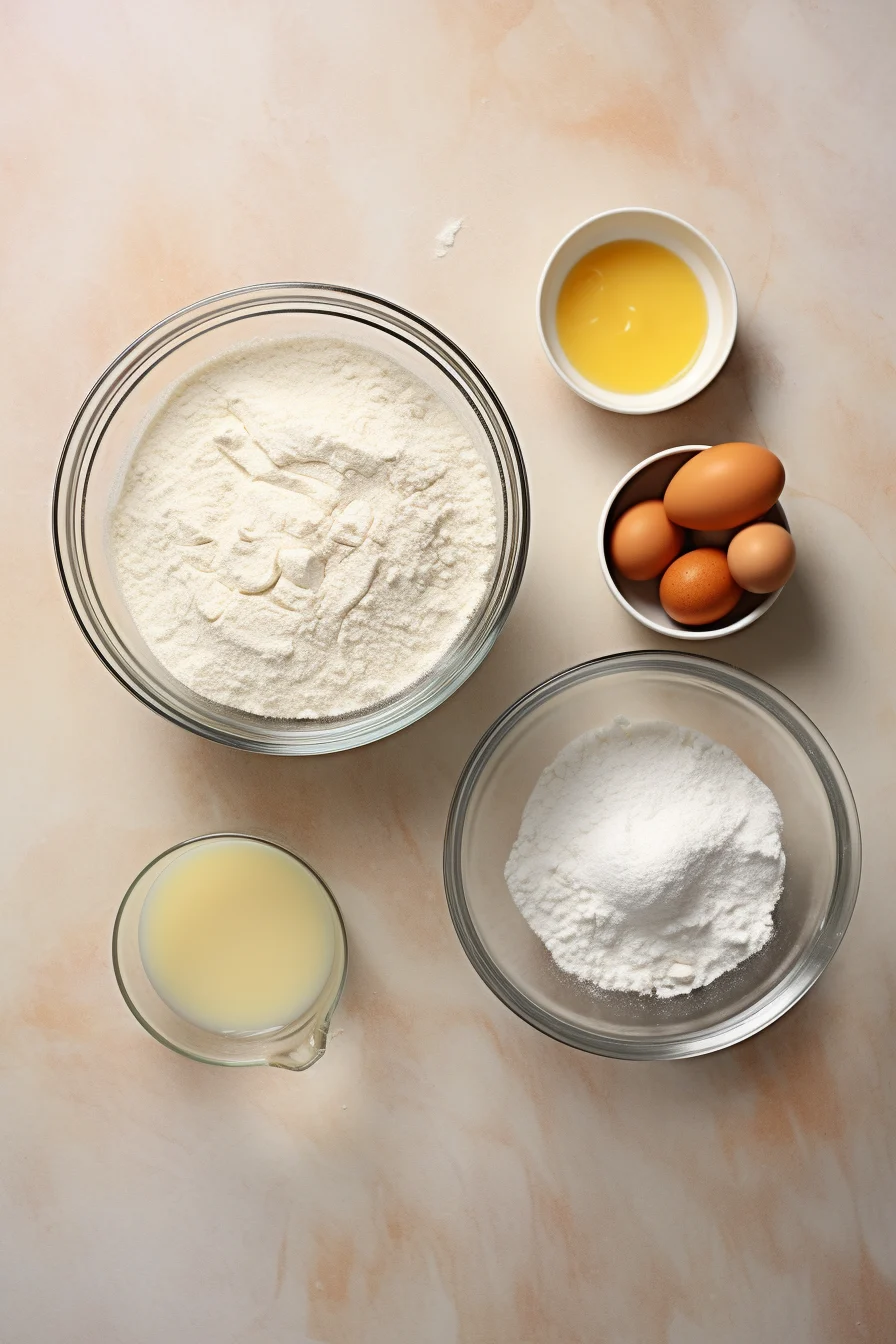 baking ingredients arranged neatly on a lightly textured, neutral-colored surface. The scene includes a glass measuring cup filled with milk, a small glass bowl containing vanilla extract, a white ceramic bowl with three egg yolks, another bowl with egg whites, and a larger bowl filled with flour.