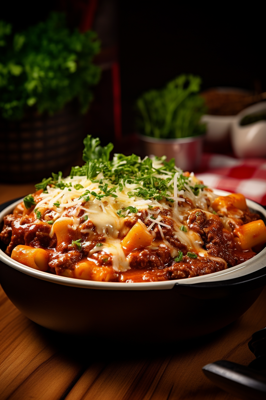 A rustic-style bowl of old-fashioned goulash, featuring elbow macaroni coated in a rich tomato-based sauce, mixed with seasoned ground beef and topped with fresh parsley. Served hot in a warm kitchen setting with a checkered napkin and wooden spoon beside it. Ultra-realistic food photography capturing the inviting, homey feel of this beloved dish.