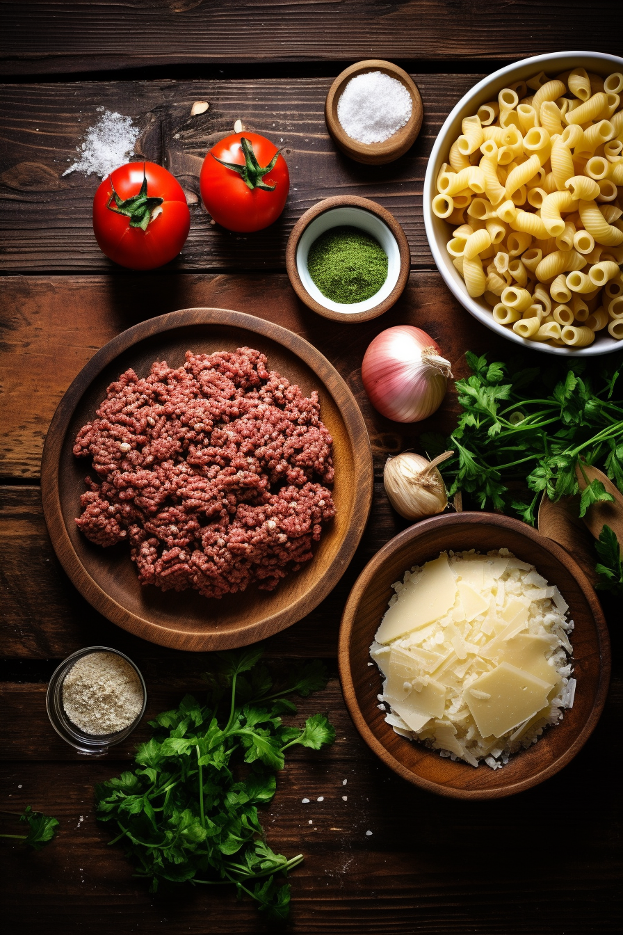 view of fresh ingredients for old-fashioned goulash arranged neatly on a wooden surface: ground beef, elbow macaroni, diced tomatoes, tomato sauce, beef broth, onion, garlic, Italian seasoning, and shredded cheese. Warm lighting, rustic feel, ultra-detailed, food photography, 4K resolution.