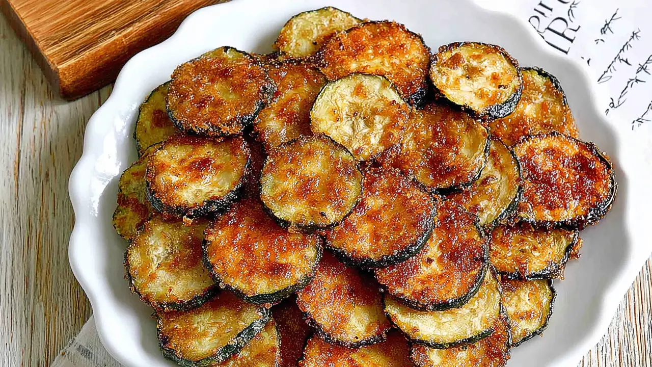 Crispy baked zucchini chips in a bowl