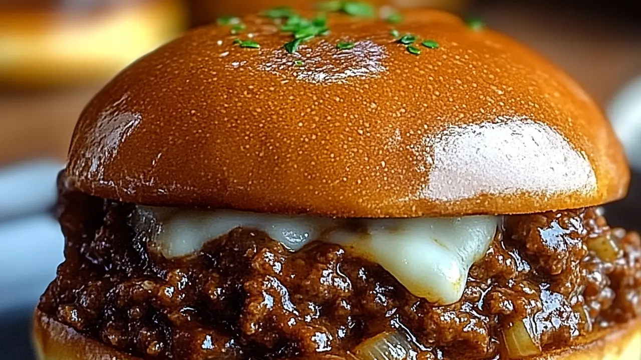 French Onion Beef Sloppy Joes on toasted buns with melty cheese