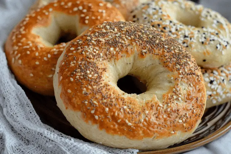 Homemade sourdough discard bagels with sesame and poppy seeds on baking tray