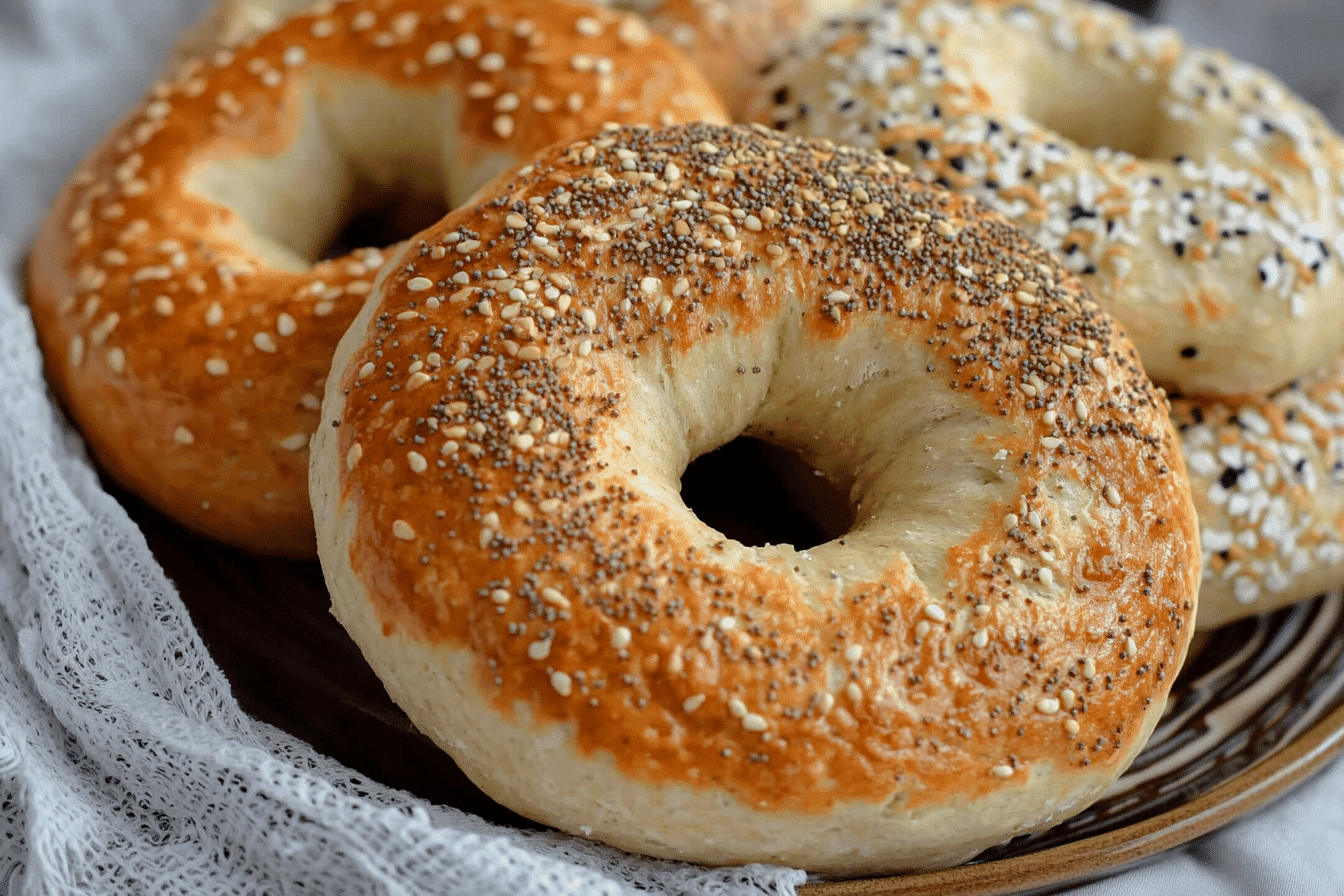 Homemade sourdough discard bagels with sesame and poppy seeds on baking tray