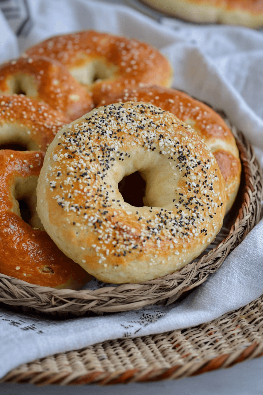 Homemade discard bagels with sesame and poppy seeds on baking tray